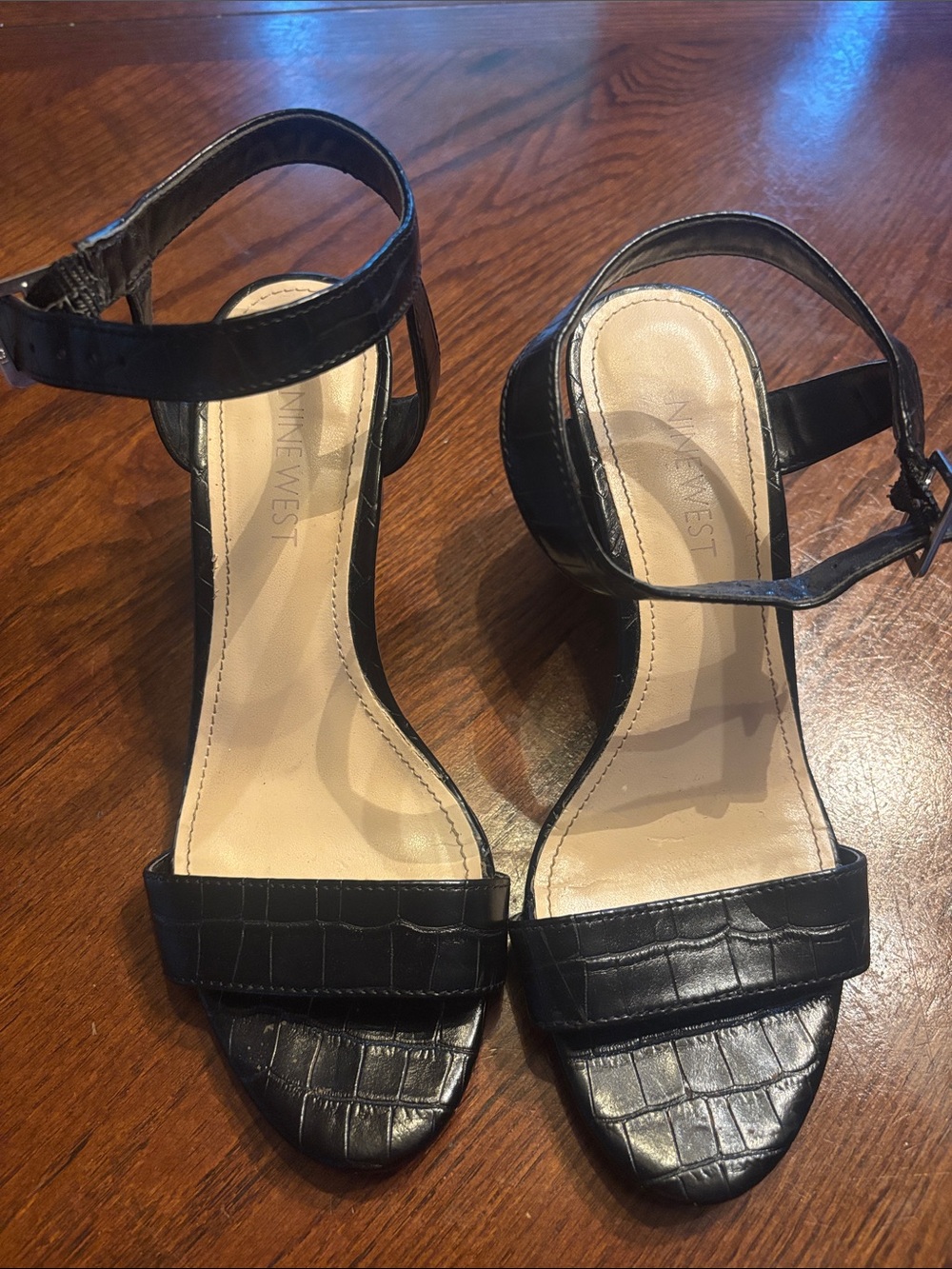 Nine West Black Croc-Embossed Block Heel Sandals